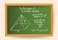 Hand drawn vector of geometrical shape square pyramid in white chalk on green board with math formulas